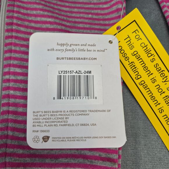 Burts Bees Baby Organic Cotton Baby One Piece Sleeper Striped Pink & Gray 24M - Picture 6 of 9